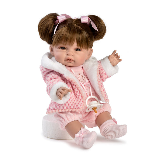 Baby Coral 34 cm chaqueta rosa coletas, bolsa