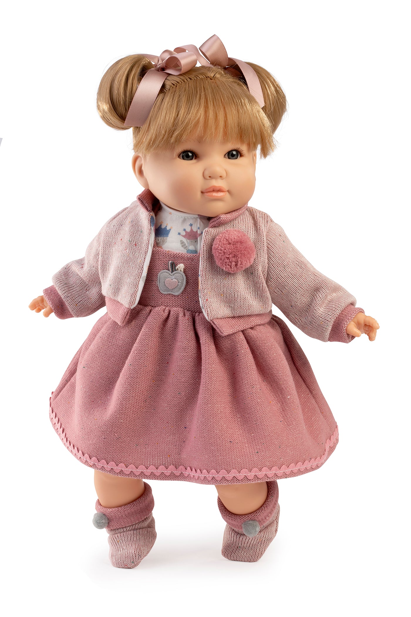 Muñeca Sandra vestido rosa, 40 cm. bolsa