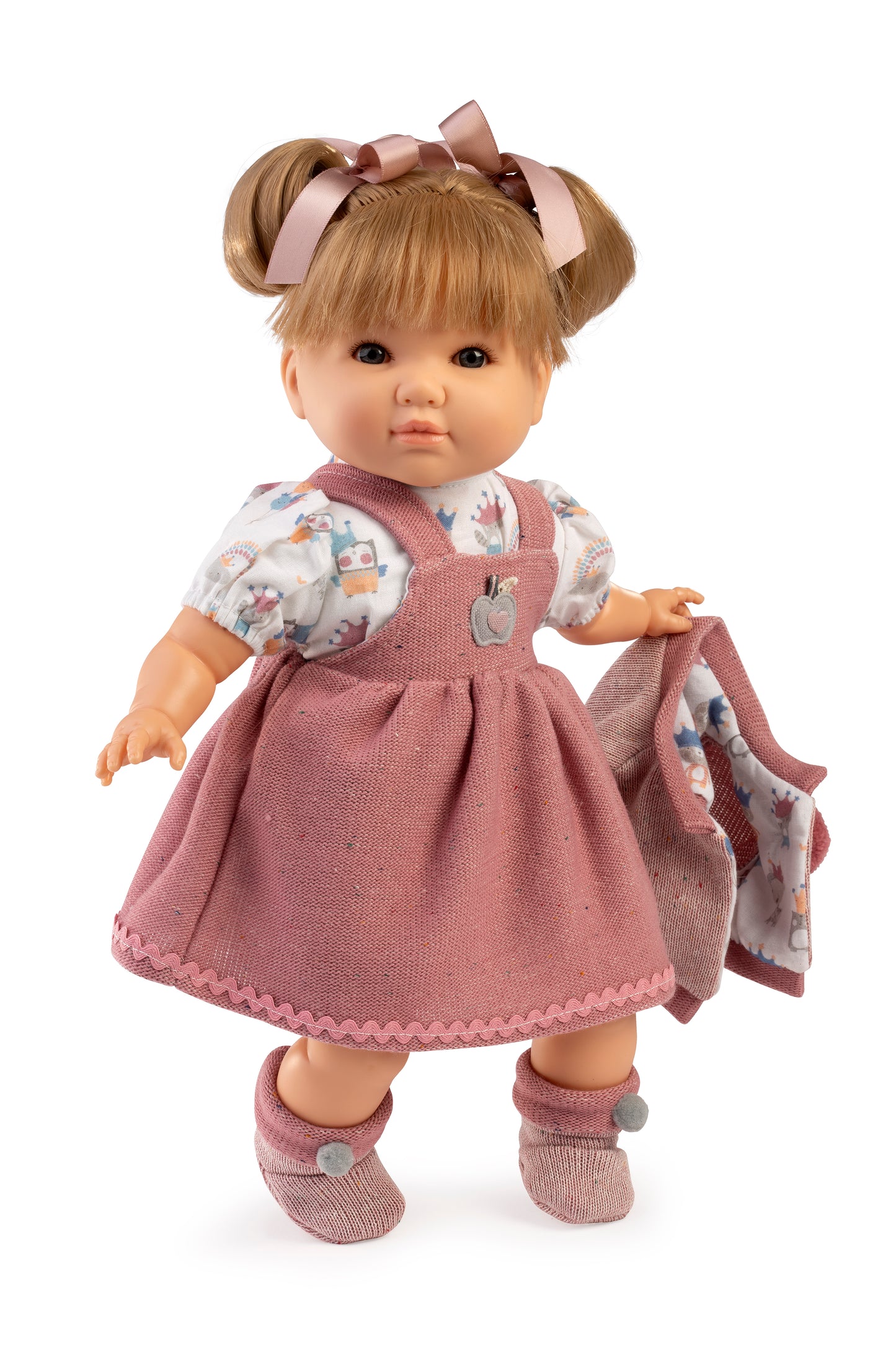 Muñeca Sandra vestido rosa, 40 cm. bolsa