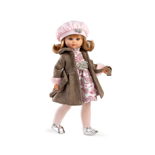 Muñeca Fany vestido y abrigo marron. 40 cm