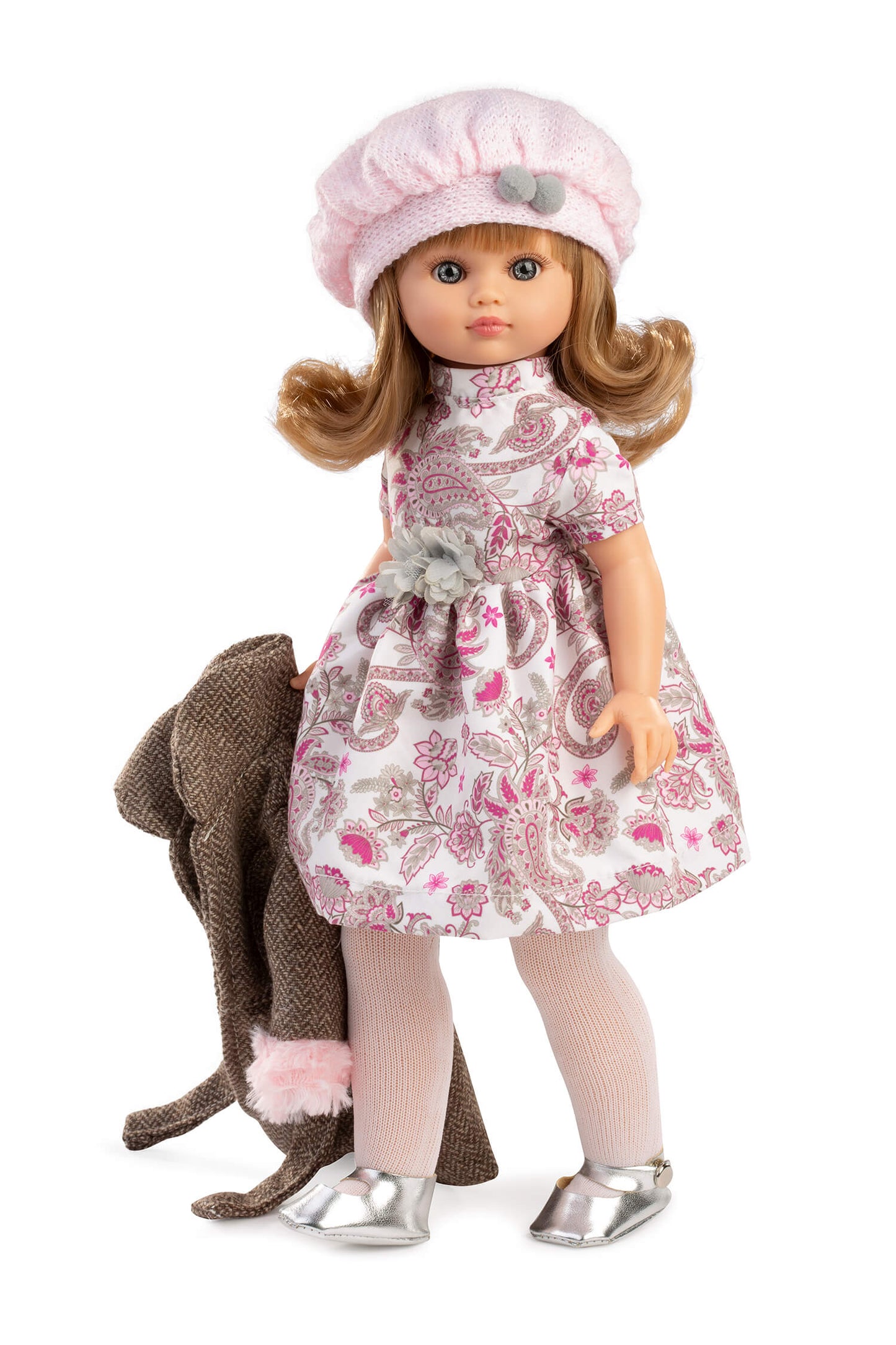 Muñeca Fany vestido y abrigo marron. 40 cm