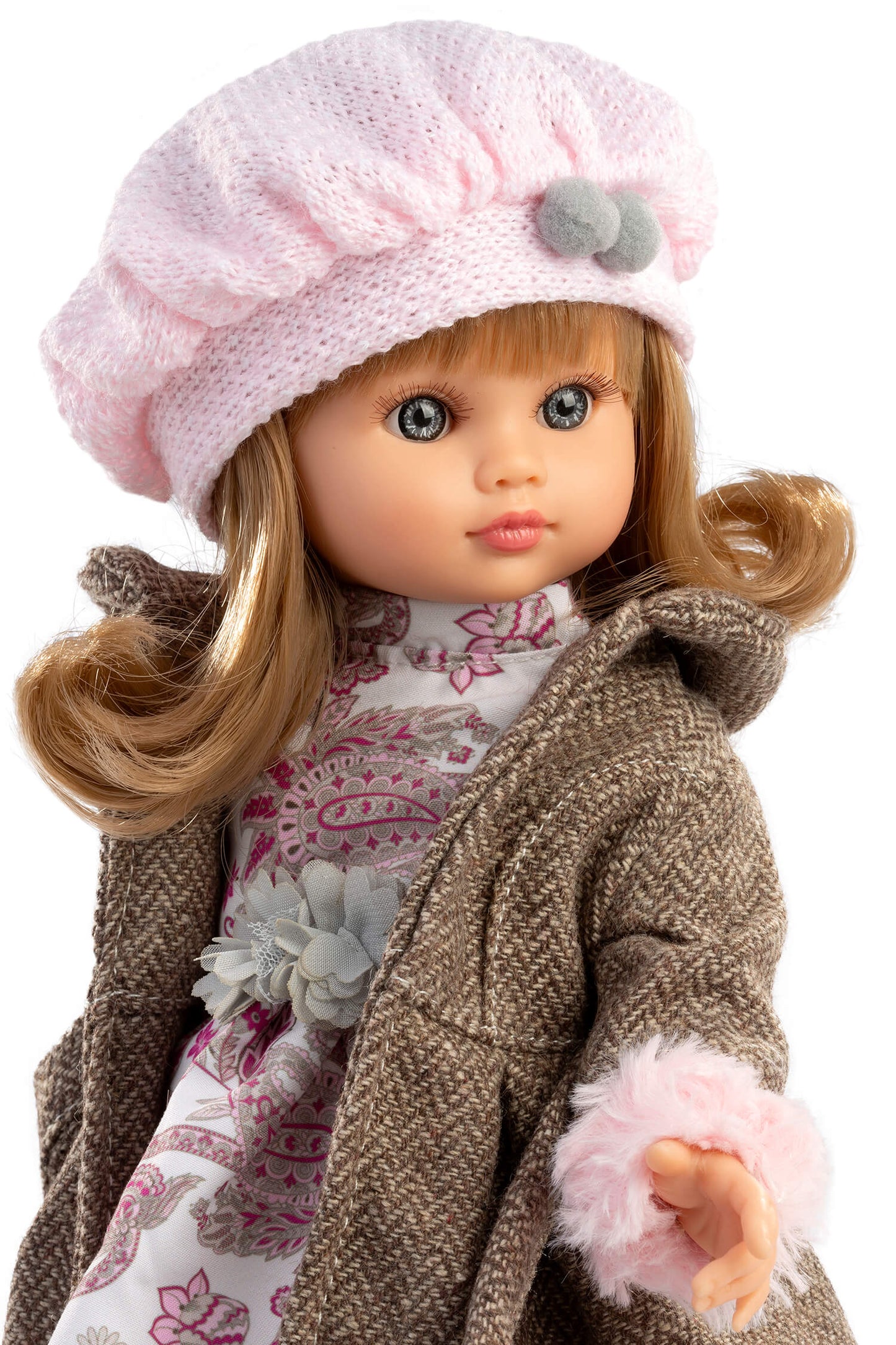 Muñeca Fany vestido y abrigo marron. 40 cm