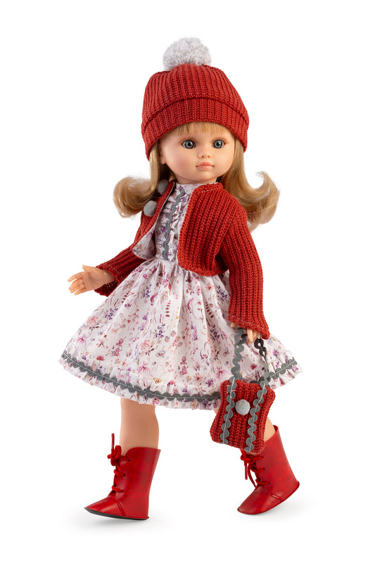 Muñeca Fany vestido y chaqueta punto roja. 40 cm