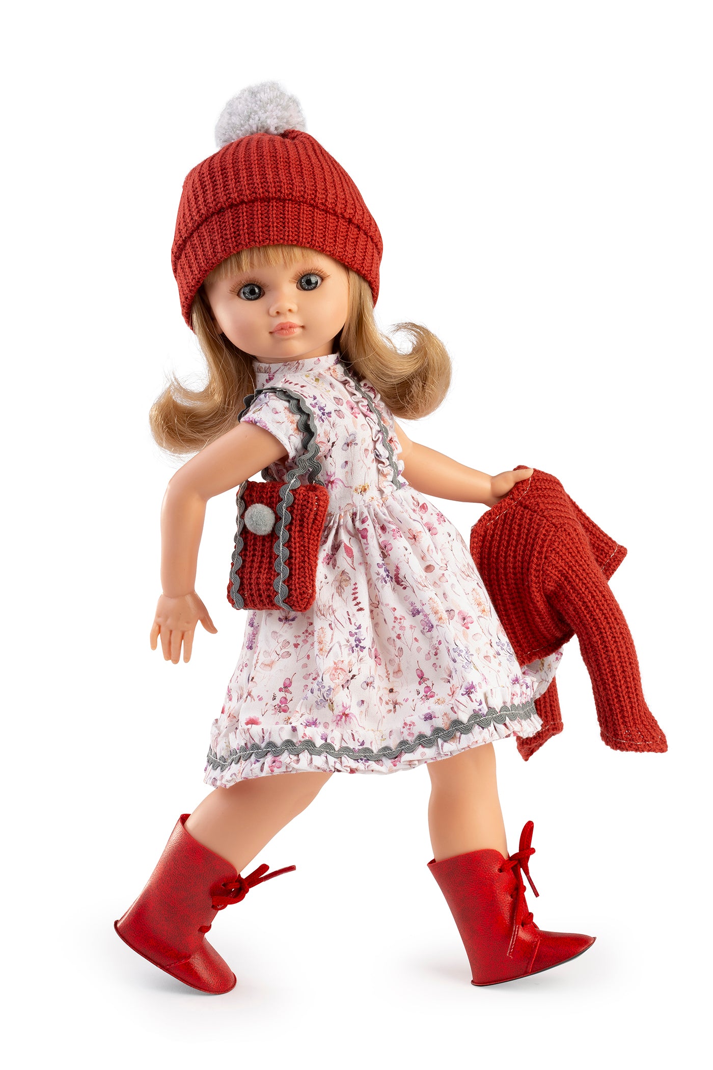 Muñeca Fany vestido y chaqueta punto roja. 40 cm