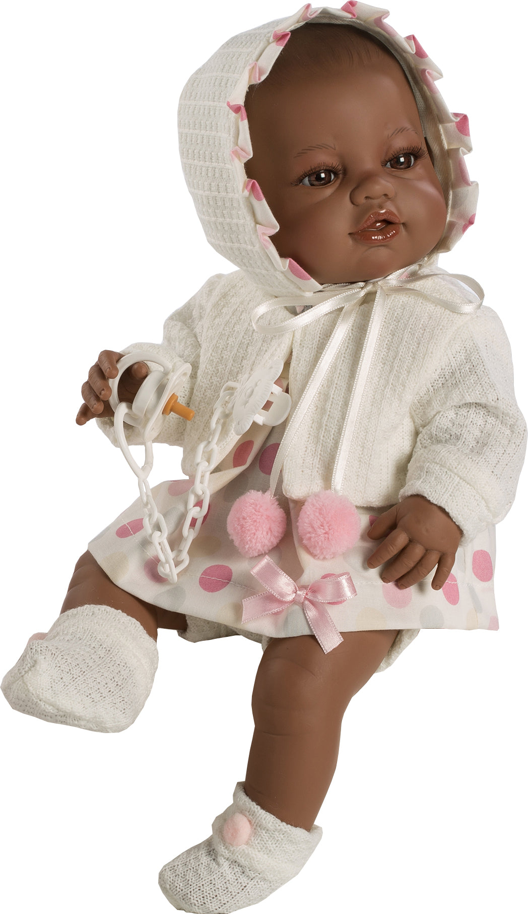Muñeco recién nacido mulata vestido lunares 42 cm, bolsa