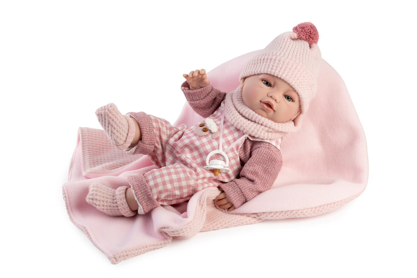 Muñeco recién nacido monito cuadros rosa 42 cm