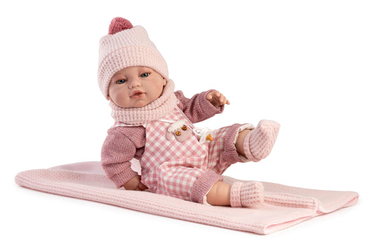 Muñeco recién nacido monito cuadros rosa 42 cm