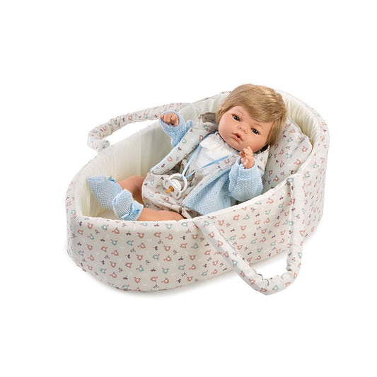 Muñeco Raúl llorón 42 cm con capazo, bolsa